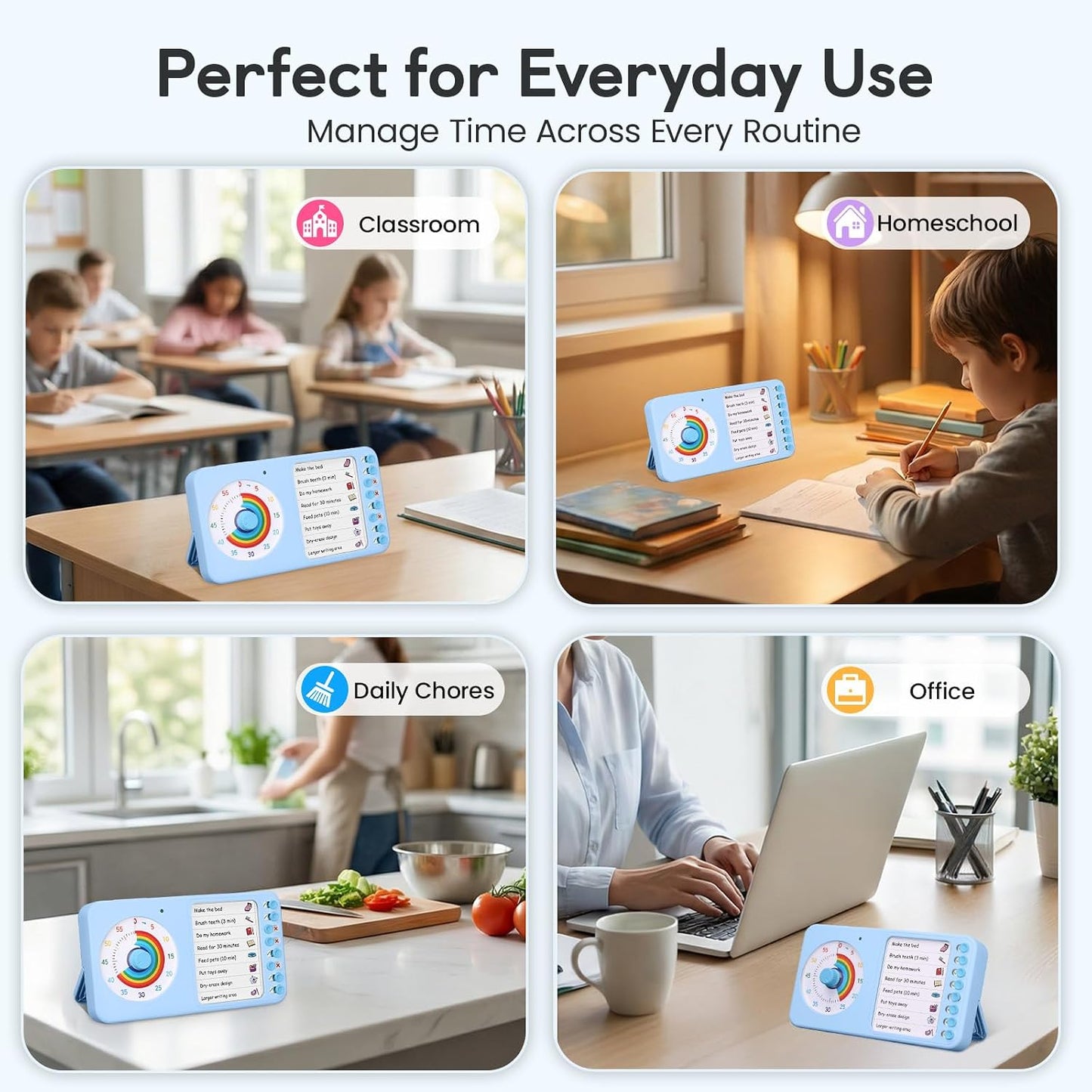 2-in-1 Visual Timer ADHD with Task Board, to-Do List, Checklist | Dry Erase Chore Chart and Visual Schedule for Kids ADHD, Rainbow Countdown Timer for Classroom, Home, Homeschool (White)