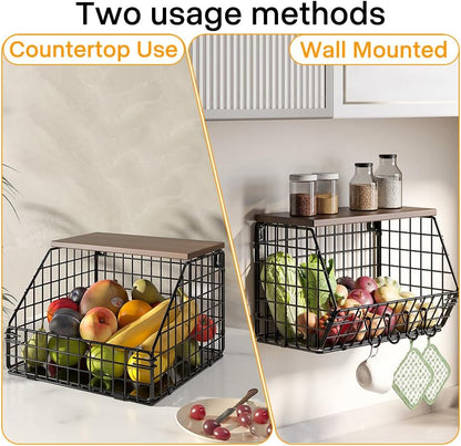 Picowe Laundry Room Shelves Wall Mounted, Metal Basket with Wood Lid (S) | Stackable & wall-mountable. Rust-resistant steel. Wooden top stores dryer sheets & lint rollers. Fits over washer/dryer.