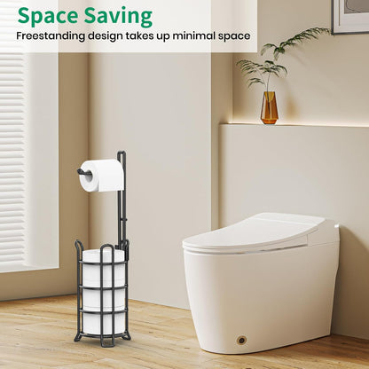 TomCare Toilet Paper Holder Free Standing with Shelf, Stable 4 Raised Feet | Stores 4 Mega Rolls, Tool-Free Assembly, Powder-Coated Metal Frame, Bathroom Storage Organizer for Spare Rolls, Silver