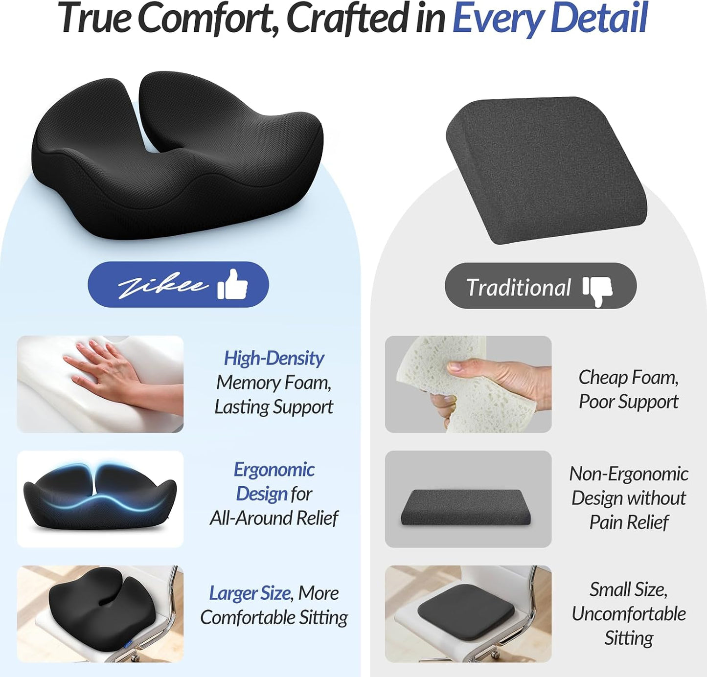 ZIKEE Contoured Ergonomic Seat Cushion for Effective Pain Relief, Non-Slip | Office Chair Cushion for Sciatica, Back, Tailbone Pain Relief, High-Density Memory Foam Car Seat Cushion for Sitting Comfort