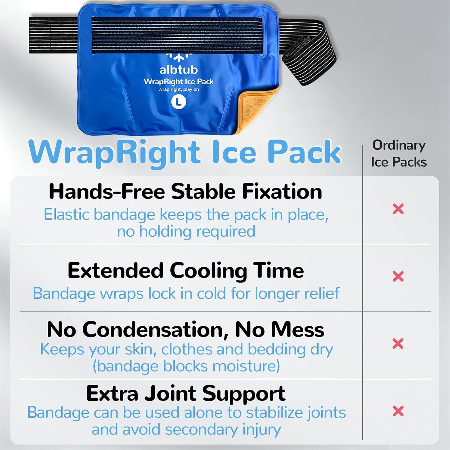 WrapRight Large Ice Pack for Injuries Reusable with Bandage for Knee | Hands-free Cold Therapy, 10"×16" L-Size for Ankle, Leg, Shoulder, Back, Flexible Gel, Dual-sided for Sensitive Skin