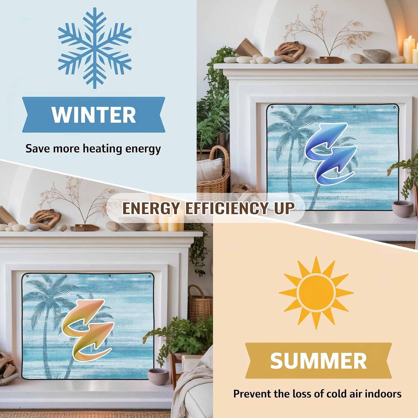 Magnetic Fireplace Cover Beige Summer Palm Tree Fireplace Screen Decorative Tropical Leaves Plant Insulation Fireplace Blocker Save Energy Fireplace Draft Stopper Covers for Living Room 45x34 Inch