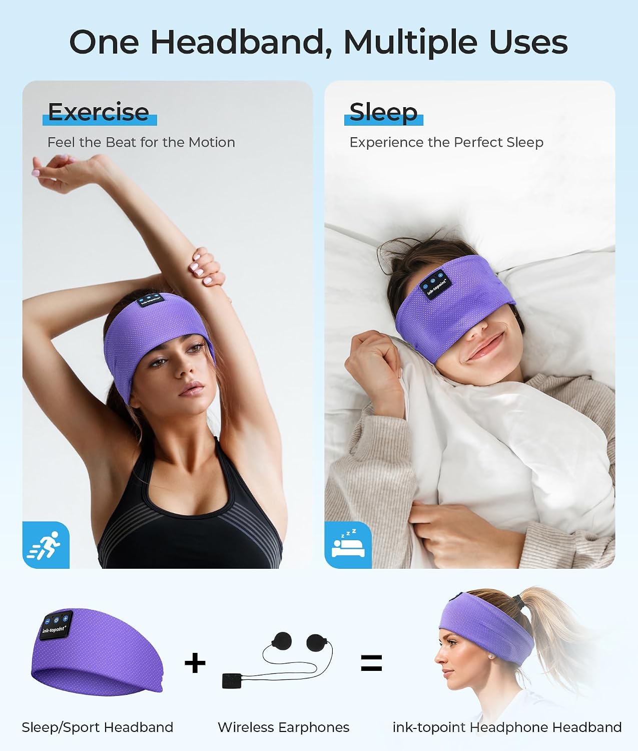 ink-topoint Sleep Headphones Bluetooth Headband, Wireless Sports Earphones | Sleeping Headphone for Side Sleepers with HD Stereo Speakers Breathable Headbands for Running, Yoga, Travel, Women&Men