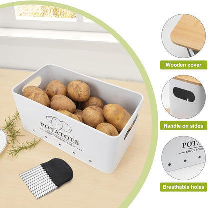 Kitchen Vegetable Storage Set of 3, Metal Onion Garlic Potato Storage Set, Kitchen Canisters Vegetable Keeper Containers with Aerating Holes and Bamboo Lid,Black