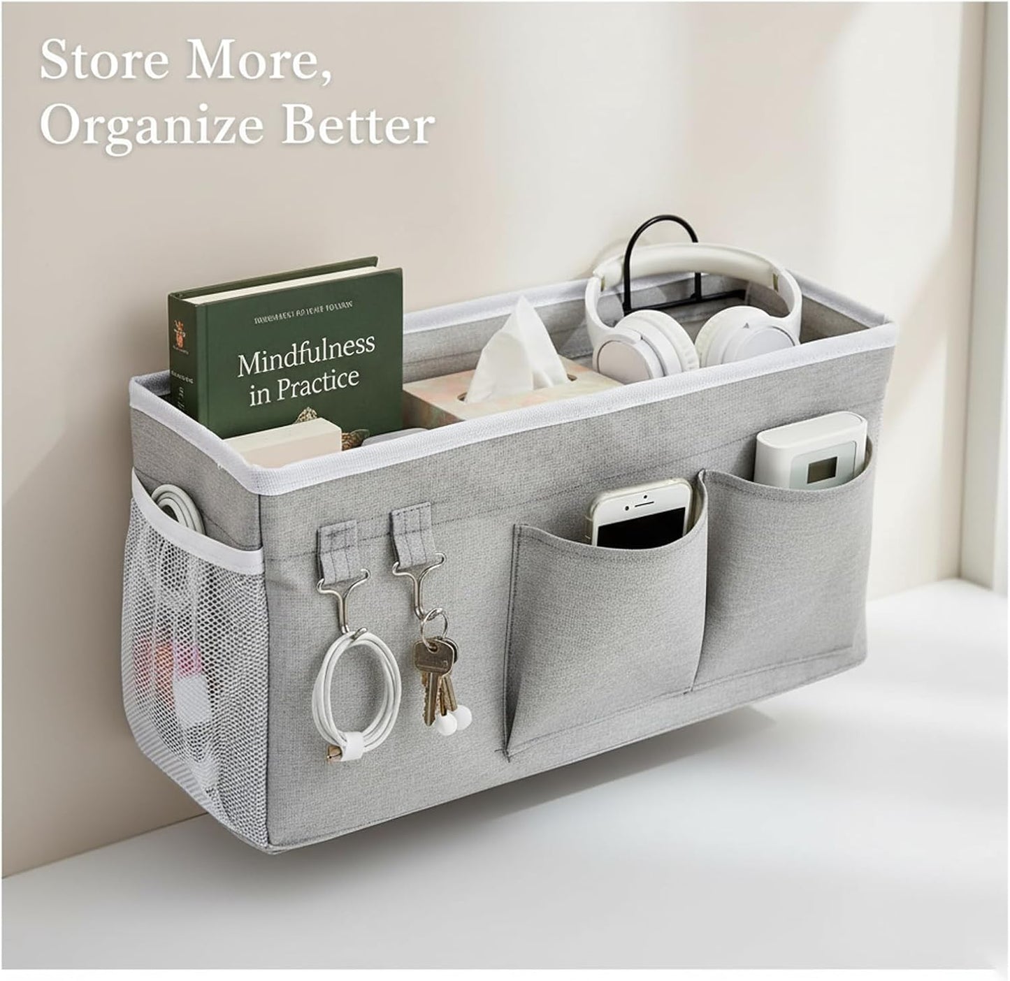 Bedside Storage Caddy with Metal Hooks,Hanging Bedside Organizer | Large Capacity Bag for Dorm Bunk Bed Headboard, Remote Phone Book Holder (Grey) (2)