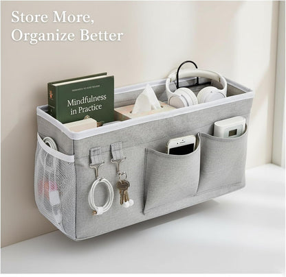 Bedside Storage Caddy with Metal Hooks,Hanging Bedside Organizer | Large Capacity Bag for Dorm Bunk Bed Headboard, Remote Phone Book Holder (Grey) (2)