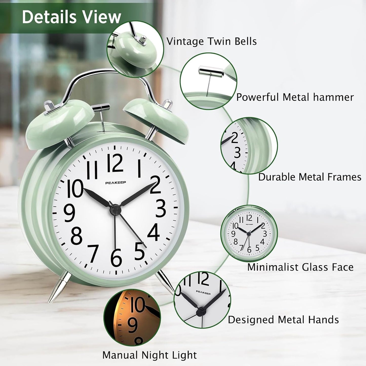 Peakeep Loud Alarm Clock for Heavy Sleepers Adults, Metal 4.5 Inches | Twin Bell Battery Operated Analog Alarm Clocks for Bedrooms Kids' Room Decoration (Jewel Blue)