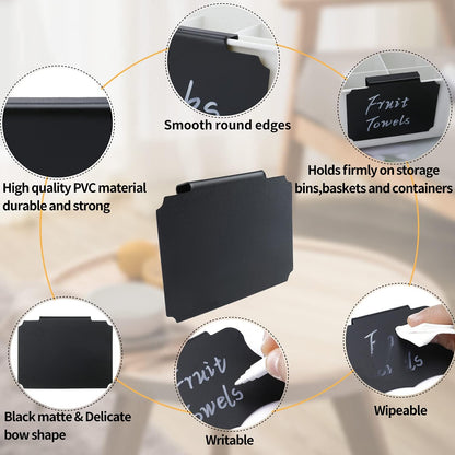 Plastic Basket Bin Label Clip Food Storage Bins with Labels on Removable Basket Label Kitchen Pantry Basket Label Clip with White Chalk Markers for Storage Bin Basket Box Hanging Bin (16)