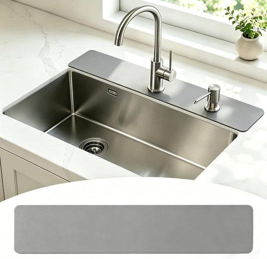 29"L x 5.5"W Customizable Grey Faucet Mat: Quick Dry Extra Absorbent Sink Mat & Bathroom Counter Protector - Freely Custom Cuttable with 2 or 3 Hole Faucet Design - Extra Long Splash Guard Pad