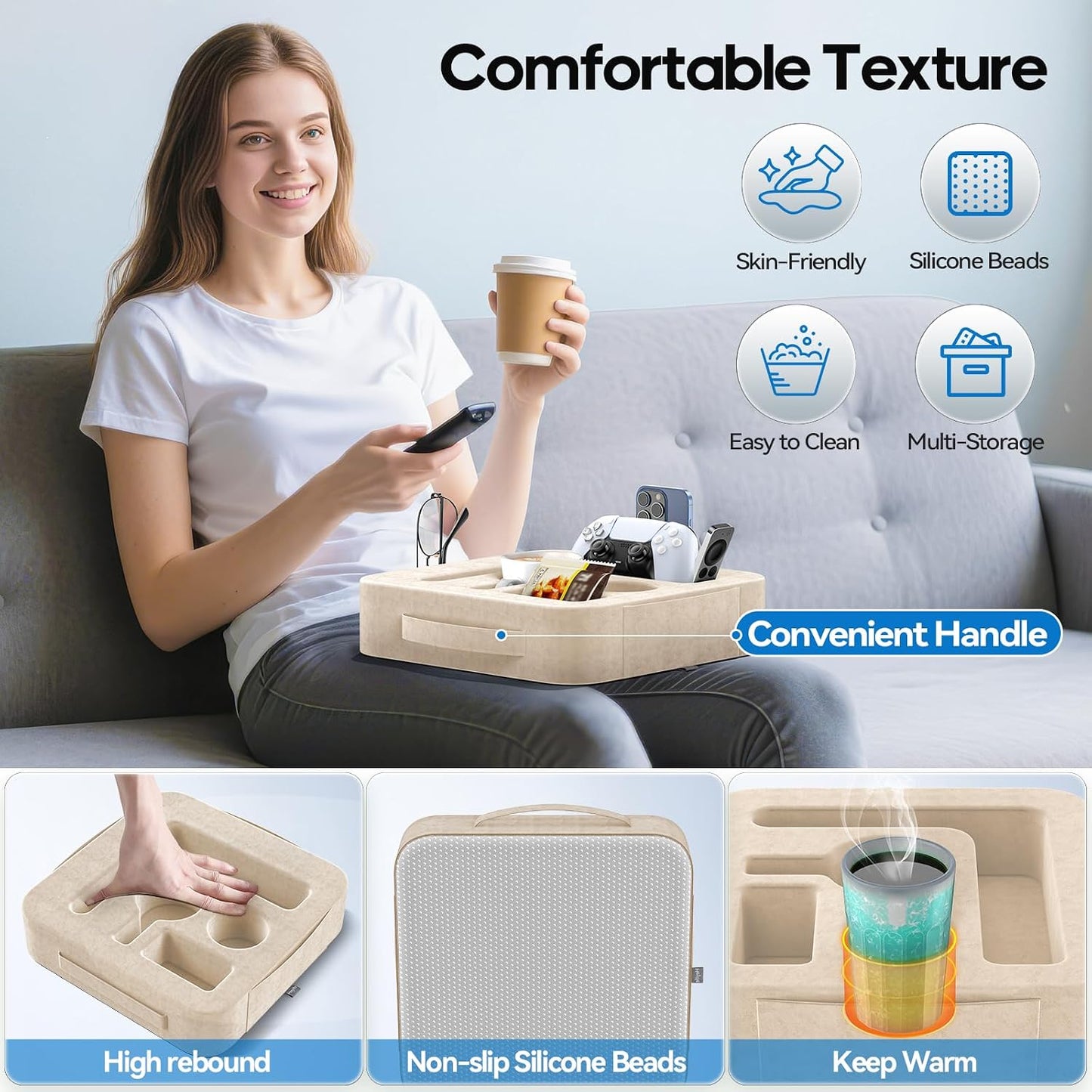 Couch Cup Holder Pillow, Sofa and Bed Caddy for iPad, Kindle, Switch, Game Controller, Remotes, Phones, Small-Sized Cup & Drink Holder for Couch, Bed, Desk, Car, Beach, Bathroom Cup Holder