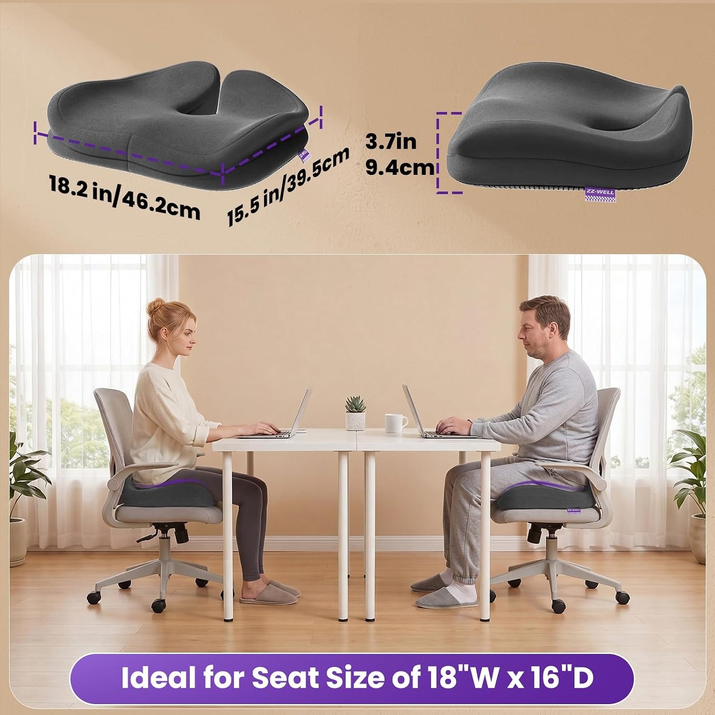 ZZ-WELL Seat Cushions for Office Chairs, Coccyx Cushion for Tailbone Pain, Memory Foam Butt Pillows for Computer Gaming Chair, Patented Pressure Relief Design Chair Cushion (Light Grey, XX-Large)