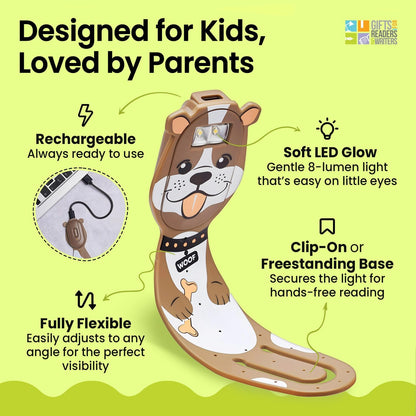 Gifts for Readers & Writers Rechargeable Book Light for Kids, Clip On Reading Light for Bed, 2in1 Flexilight Pals & Bookmark, 12 Hours of Light Once Charged, Includes USB Cable & 2 LED Lights, Dog