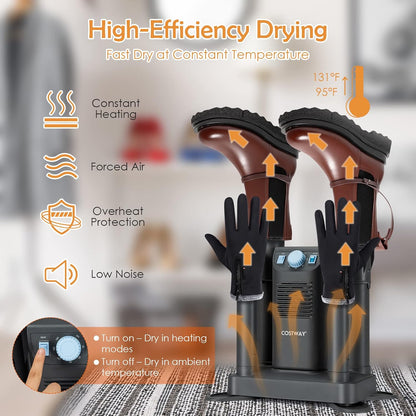 COSTWAY Boot Dryer, Shoe Dryers with 180 Mins Timer & Heating Blower, Ozone Disinfection, Extendable Design, Electric Shoe and Boot Warmer for Work Boots, Ski, Glove, Hats, Grey