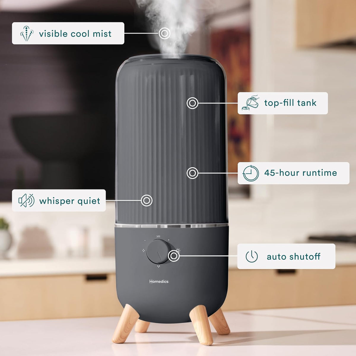 Homedics Ultrasonic Humidifier, Bedrooms and Home Offices, 0.97-Gallon Tank