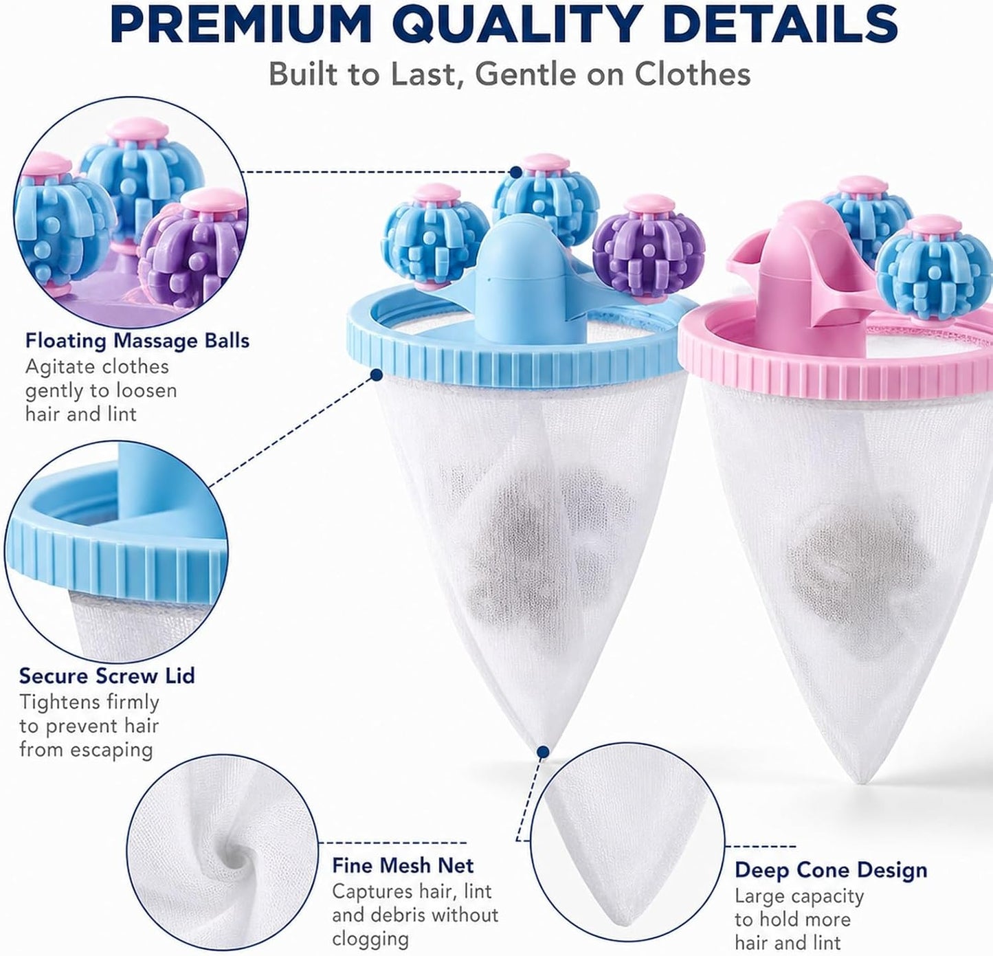3PCS Washing Machine Hair Filter Mesh Bags, Reusable Laundry Lint Catcher, Effective Pet Hair Removal for Washing Machines, Blue Pink Purple