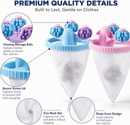 3PCS Washing Machine Hair Filter Mesh Bags, Reusable Laundry Lint Catcher, Effective Pet Hair Removal for Washing Machines, Blue Pink Purple