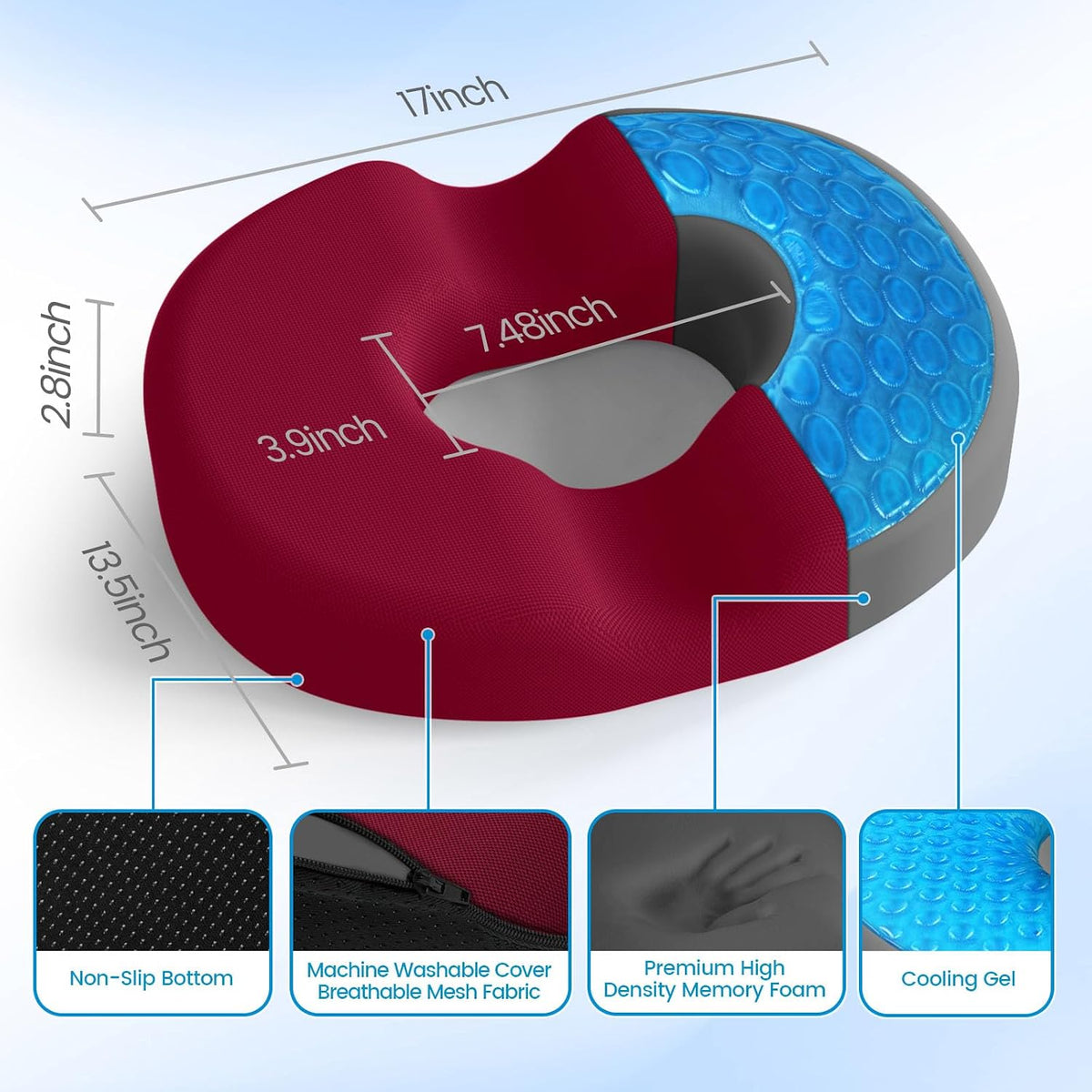 Donut Pillow Seat Cushion, Cooling Gel Memory Foam Chair Cushion, Black
