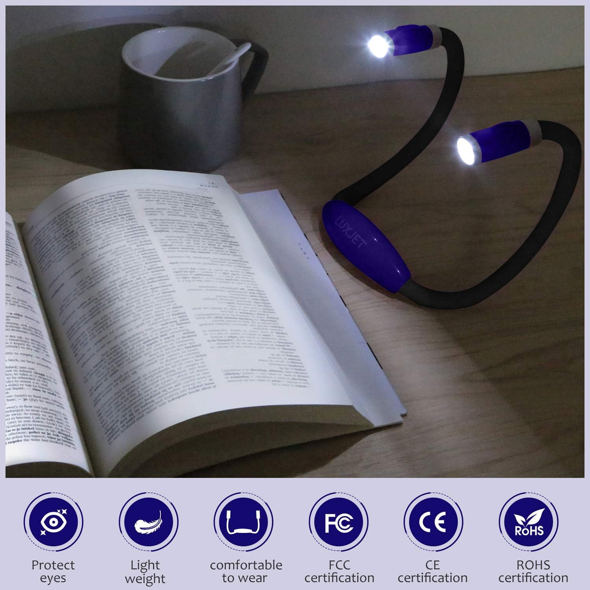 LUXJET Neck Reading Light & Book Light for Reading in Bed - Hands Free, 3 Colors & 6 Brightness Levels, 360° Flexible Arms, 80-Hour Rechargeable - Reading, Knitting, Camping, Repairing