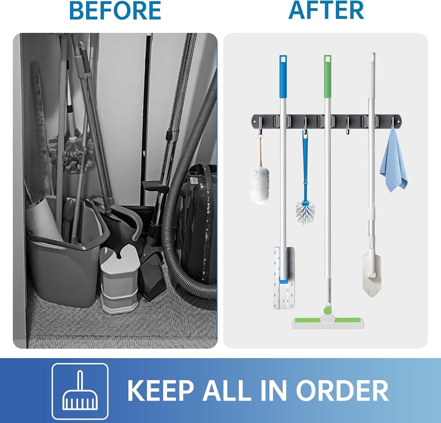 ZONGOOL 2 Pack Mop Broom Holder Wall Mount 4 Racks 5 Hooks Storage Black | 304 Rustproof Stainless Steel Broom Hanger, Non-Slip Wall Mount Organizer, Space Saving For Kitchen, Laundry, Garden