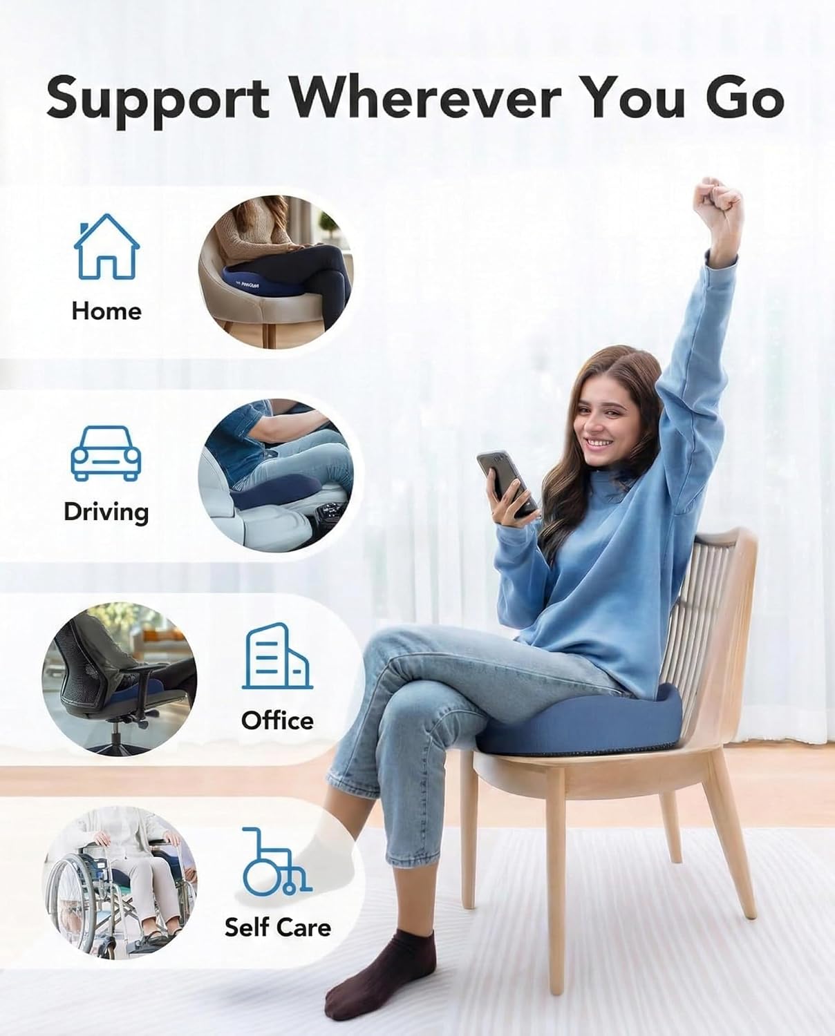 HUANUO Ergonomic Seat Cushion for Office Chair, Extra Large Car Seat Cushion, Tailbone and Back Support, Cooling Gel Enhanced, 4-Zone Pressure Relief Chair Cushions for Office, Car, Wheelchair
