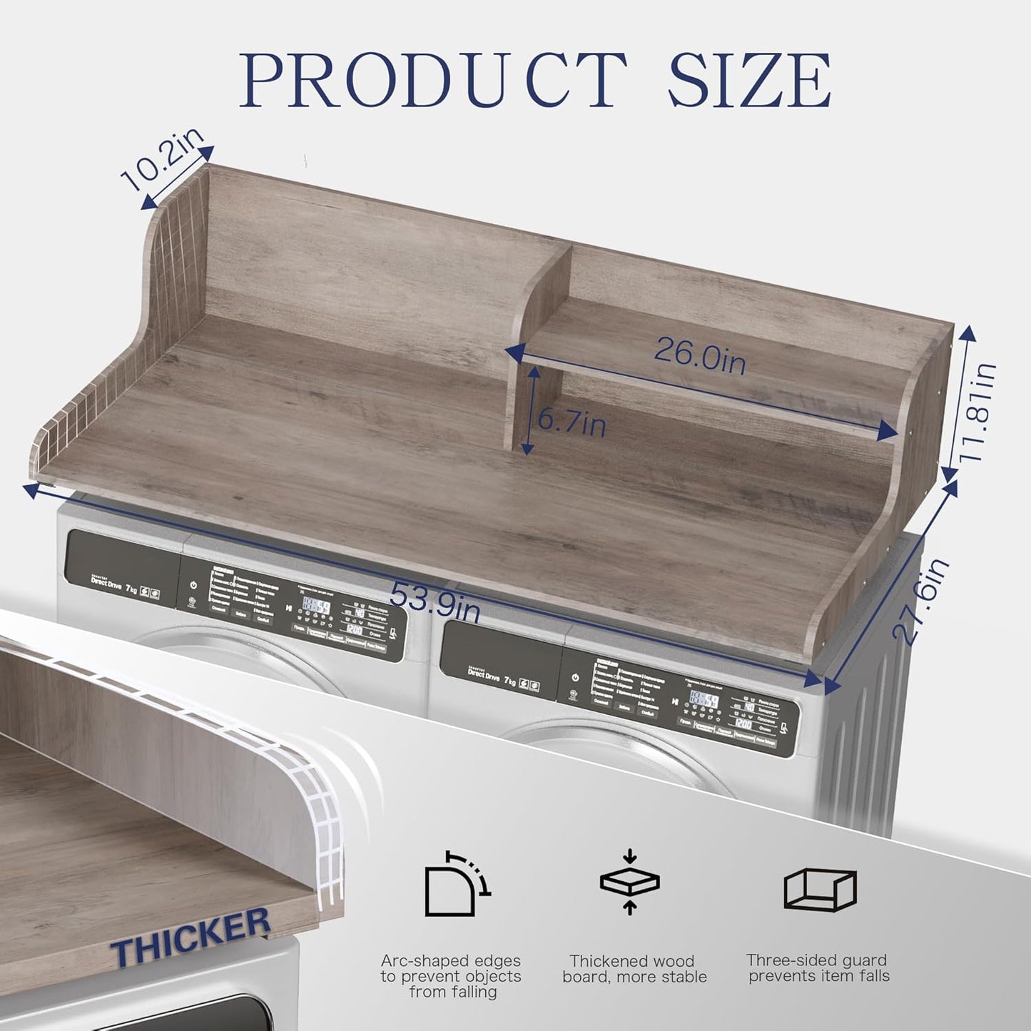 DTK Washer Dryer Wood Countertop with Shelf, Laundry Topper with Non-Slip Mat,27.55" Depth x 54" Width Dryer Covers for The Top with Edge Rails, Black