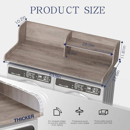 DTK Washer Dryer Wood Countertop with Shelf, Laundry Topper with Non-Slip Mat,27.55" Depth x 54" Width Dryer Covers for The Top with Edge Rails, Black