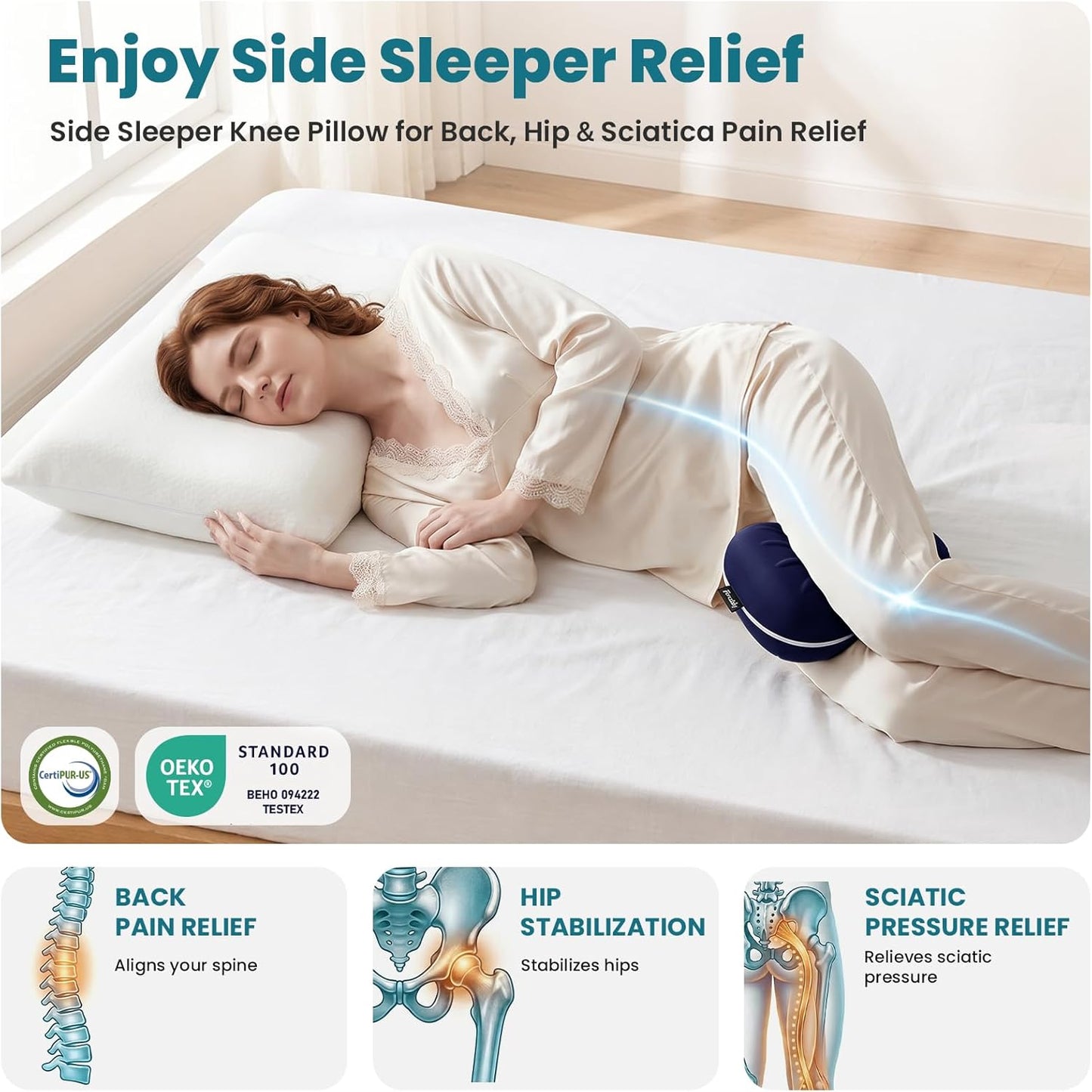 Knee Pillow for Side Sleepers - Smooth Spine Alignment Pillow, Memory Foam Knee Pillows for Back Hip Pain, Spine Aligning, Sciatica, Surgery Recovery, Pregnancy