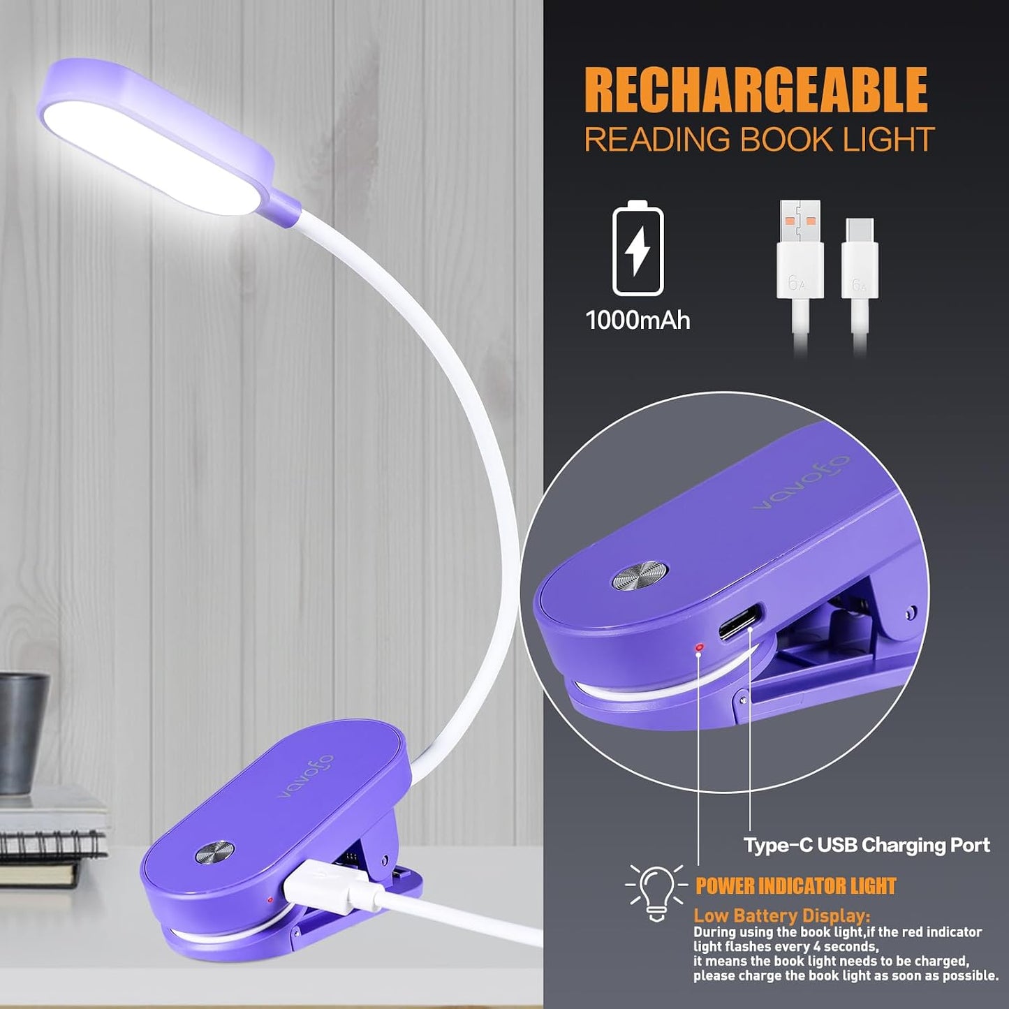 VAVOFO Rechargeable Book Light, 14 LEDs Eye Care Clip On Amber Reading Light for Bookworms Reading in Bed with 9 Colors 9 Brightness (Blue)