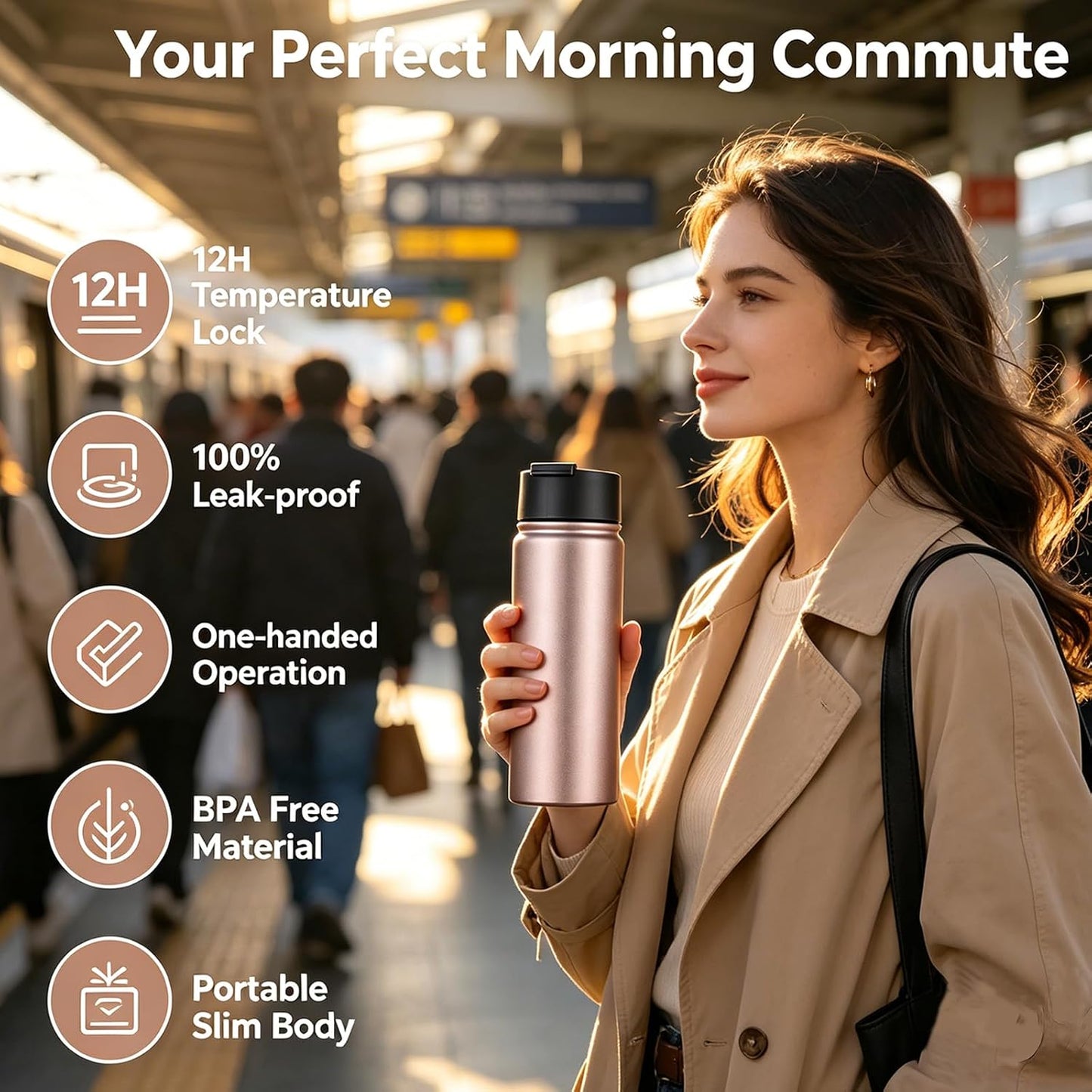 Sivaphe Infuser Travel Mug with Removable loose leaf Tea Strainer Tea Filter Water Bottle 18/8 Stainless Steel Insulated Tumbler for Women Rosegold