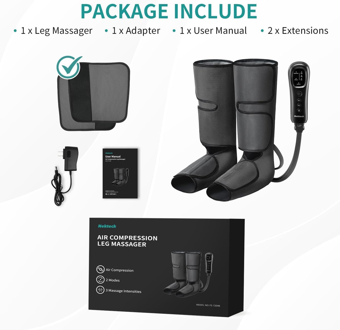 Nekteck Leg Compression Massager for Circulation and Relaxation | FSA Eligible HSA Foot and Calf Massage, 2 Modes, 3 Intensities, 20 Mins Auto-Off, Hand-held Controller, Adjustable Leg Wraps