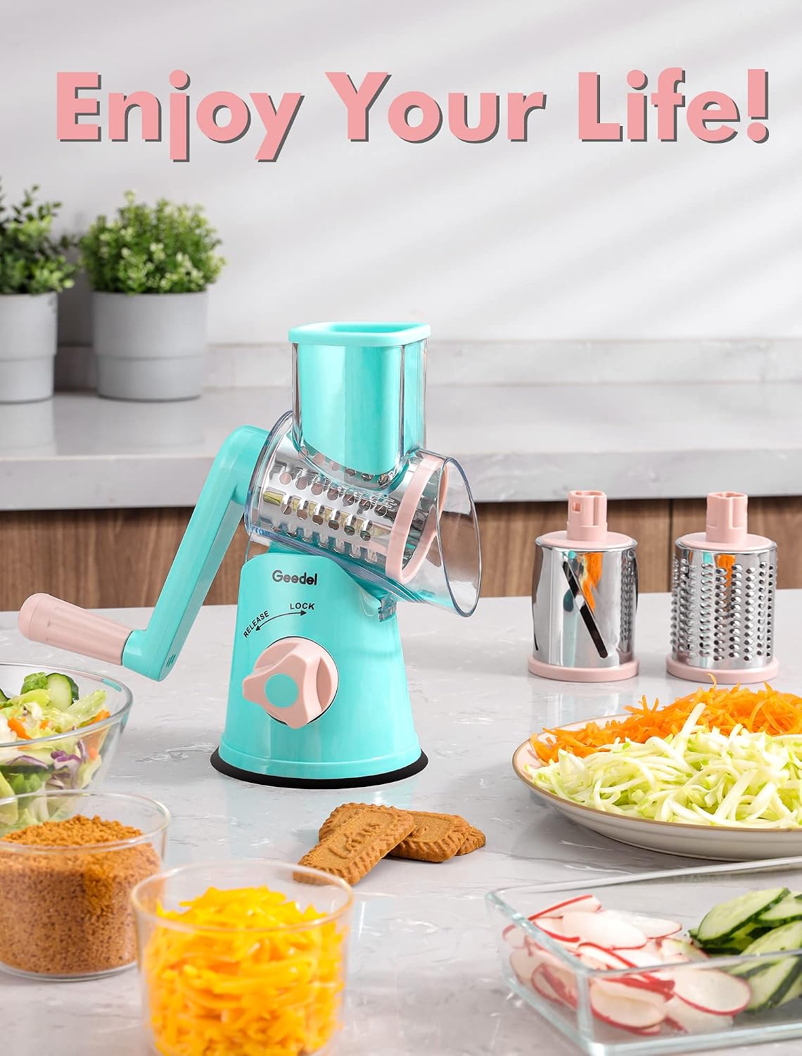 Geedel Rotary Cheese Grater, Kitchen Mandoline Vegetable Slicer with 3 Interchangeable Blades, Easy to Clean Rotary Grater Slicer for Fruit, Vegetables, Nuts | 3 Blades, 430 Stainless Steel, 12x Fast Cutting, Strong Suction Base, No BPA, Dishwasher Safe,