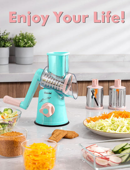 Geedel Rotary Cheese Grater, Kitchen Mandoline Vegetable Slicer with 3 Interchangeable Blades, Easy to Clean Rotary Grater Slicer for Fruit, Vegetables, Nuts | 3 Blades, 430 Stainless Steel, 12x Fast Cutting, Strong Suction Base, No BPA, Dishwasher Safe,