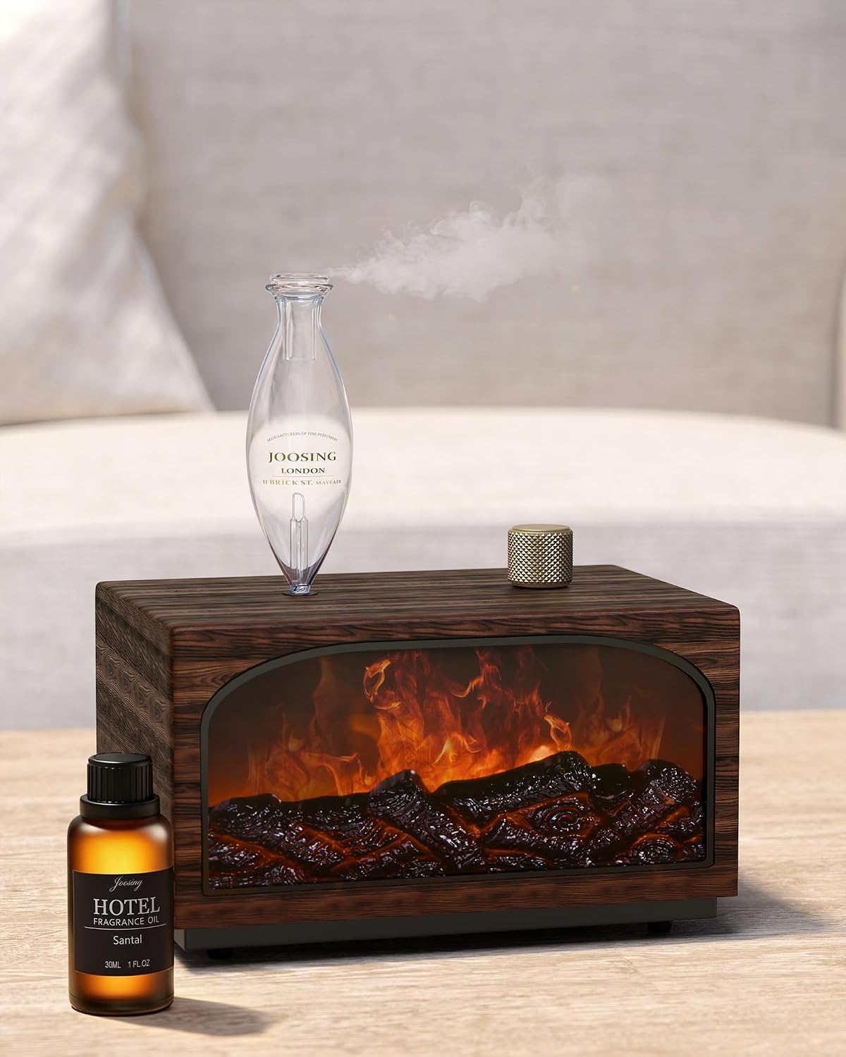 Waterless Oil Diffuser with Wood Base, Tempered Glass Bulb, 3 Color Light
