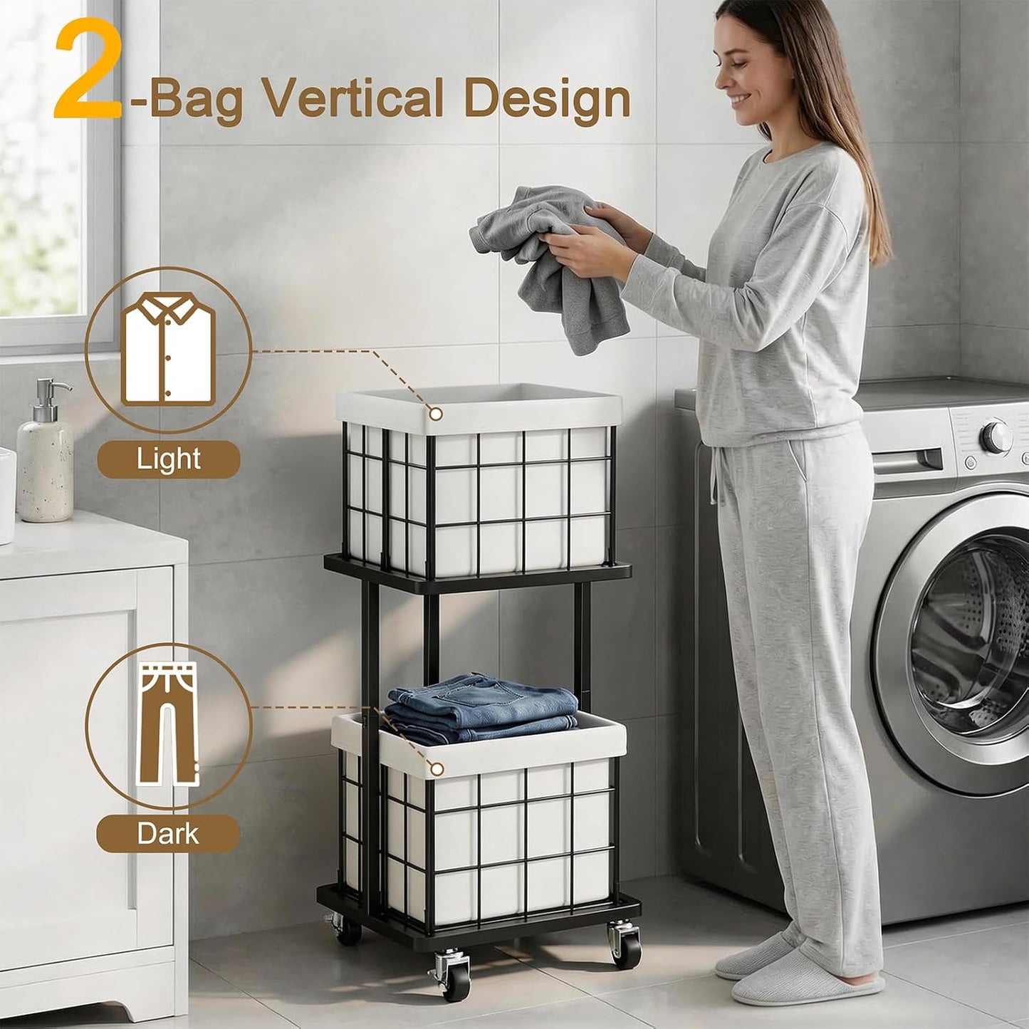 120L Vertical Laundry Sorter,3 Tier Metal Rolling Laundry Basket | Slim Tall Laundry Hamper 3 Section with wheels and 3 Removable Bags for Small Spaces, Dorm, Bathroom, Laundry Room, White