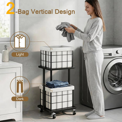 120L Vertical Laundry Sorter,3 Tier Metal Rolling Laundry Basket | Slim Tall Laundry Hamper 3 Section with wheels and 3 Removable Bags for Small Spaces, Dorm, Bathroom, Laundry Room, White