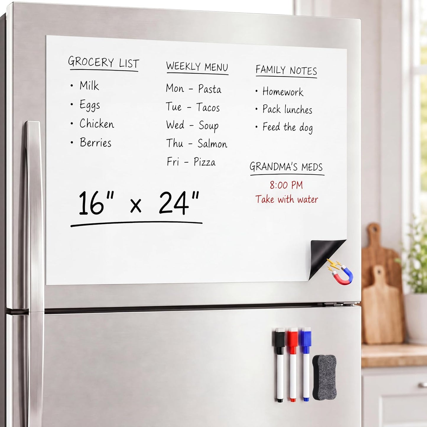 Magnetic White Board for Refrigerator Plan Weekly Menus at a Glance | Dry Erase Sheet for Meal Schedules - 12" x 8" Kitchen Command Center for Busy Moms with Magnet Backing Packed Flat