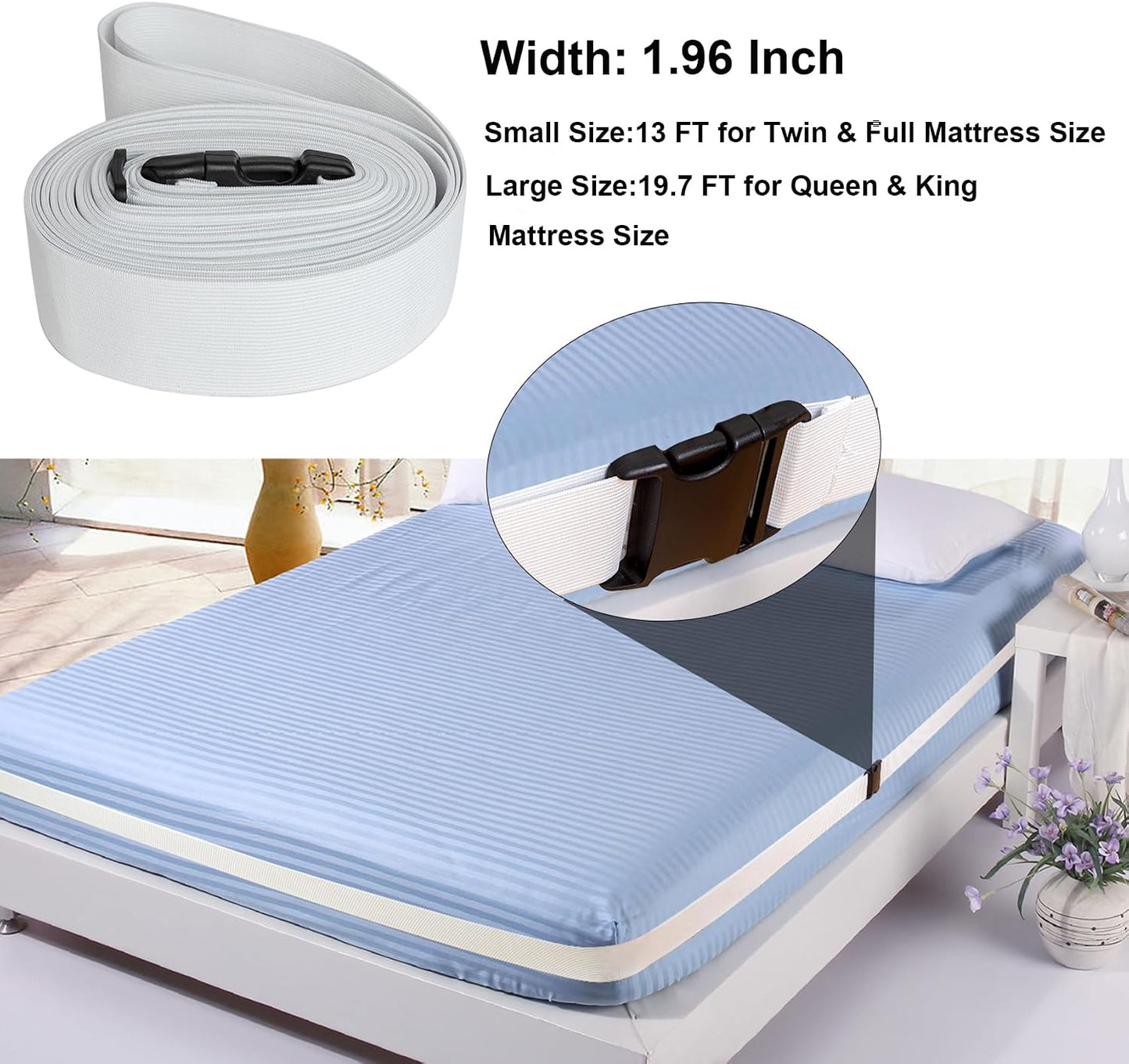 Bed Sheet Holder Straps Reliable Sheet Hold Fitted Sheet Strap for Firm & Tight, Elastic 2 Inch Wide Mattress Strap Hold Sheets On Place for Twin&Full Size Mattress (White, 13 FT)