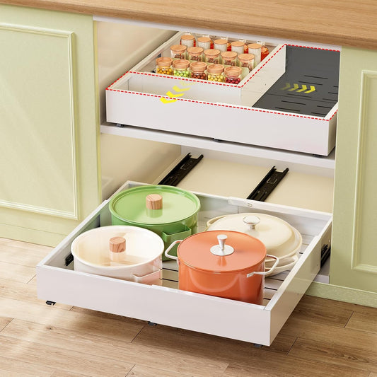 Dayacoco Pull Out Cabinet Organizer, Expandable Width (11.4"-19.4") and Depth (16.7"-21") With 3 Rails, Heavy Duty Slide out Drawers for Kitchen Base Cabinet Organization, No Drill, White