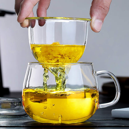 Glass Tea Infuser Cup with Lids and Handle for Blooming & Loose Leaf, 14oz | Borosilicate, Heat Resistance, Lead-free, Microwave & Dishwasher Safe
