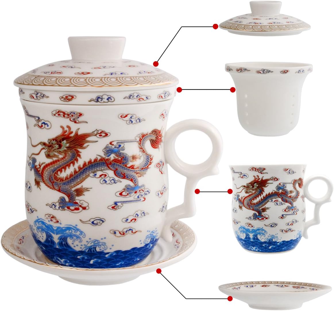 Porcelain Tea Cup with Infuser Lid and Saucer Sets - Chinese Jingdezhen Ceramics Coffee Mug Teacup Loose Leaf Tea Brewing System for Home Office