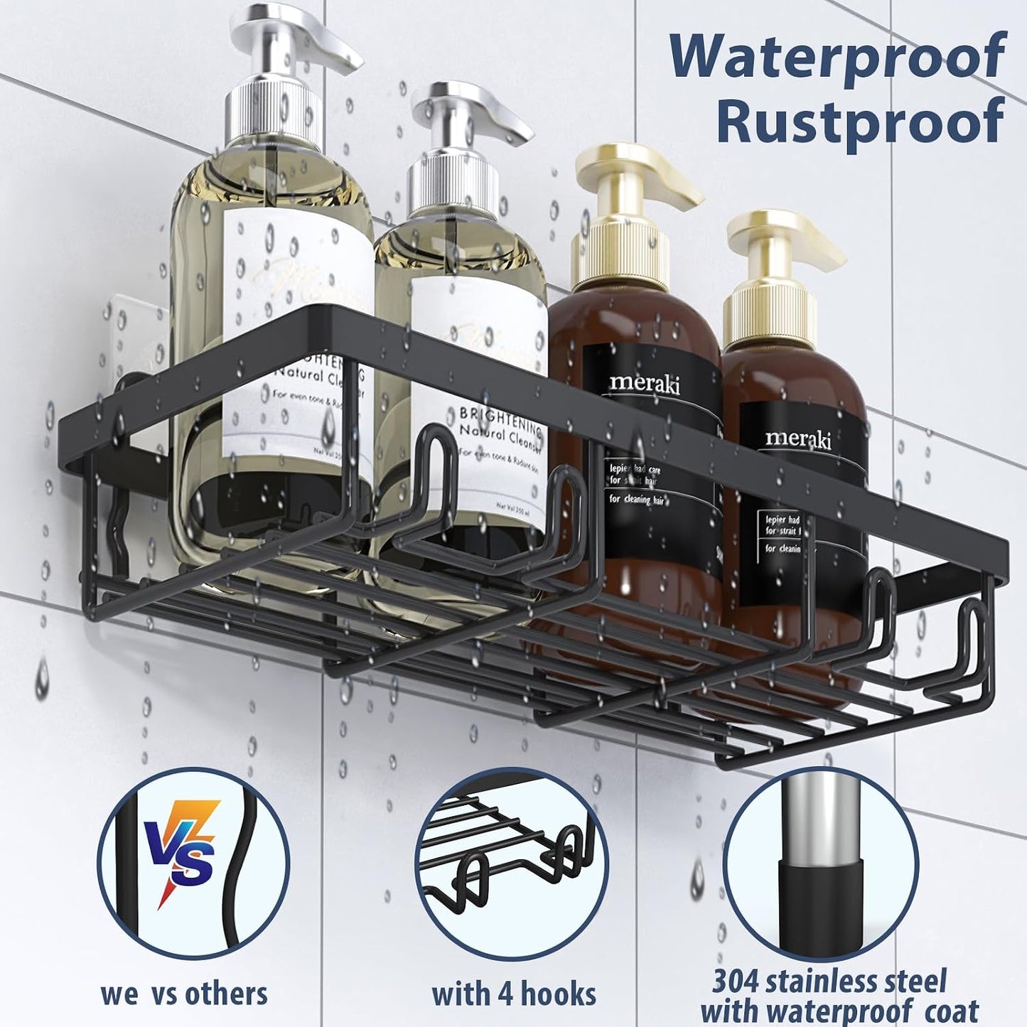 Liuoud 5 Pack Shower Caddy for Inside Shower, Gold Bathroom Storage Decor | Large Rustproof Stainless Steel Organizer with Strong Adhesive, No Drilling Wall Mounted Shelves, Bathroom Accessory Set