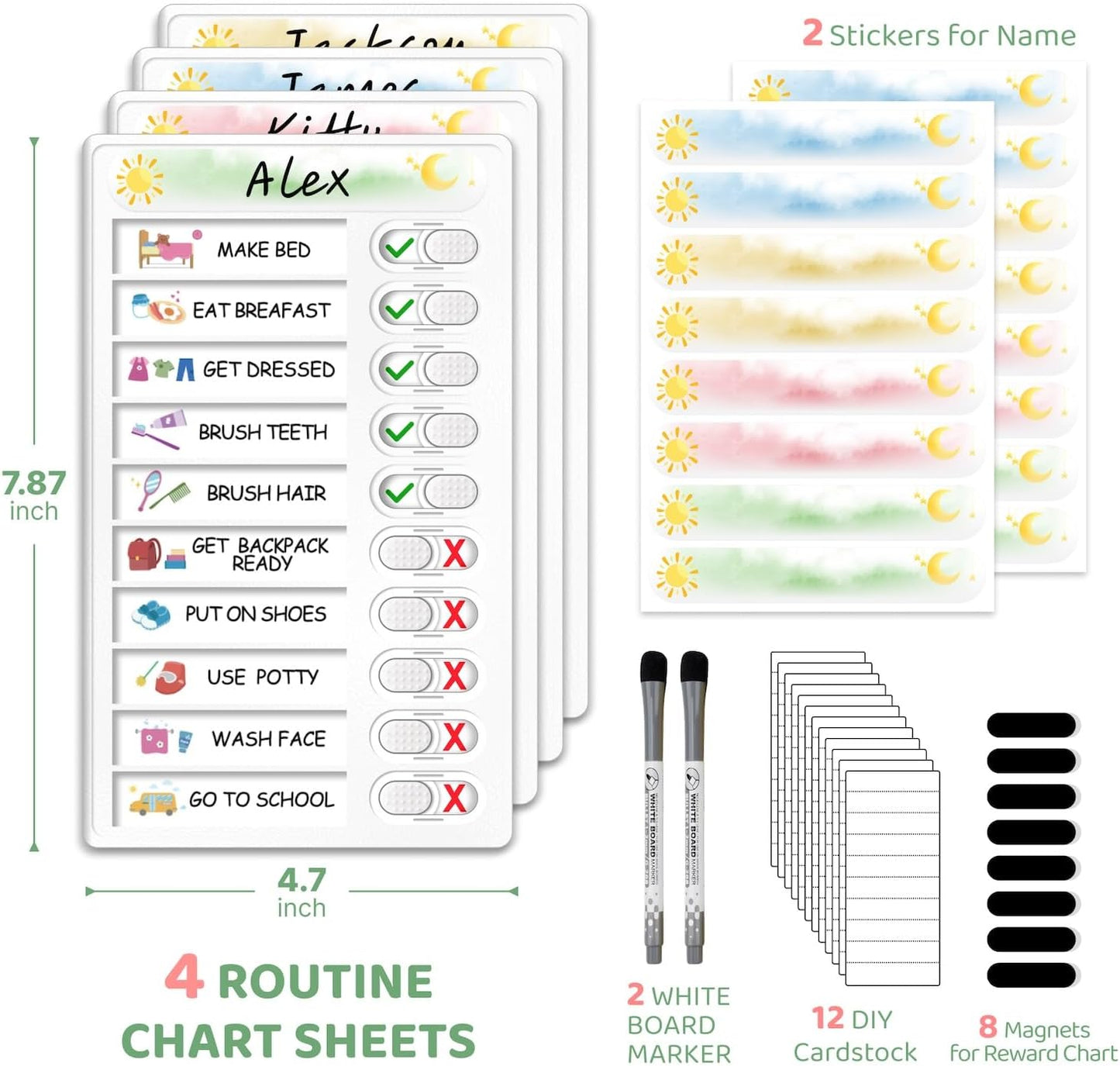 Upgraded Slider Dry Erase Chore Chart for Kids, Whiteboard Magnetic Chore Chart for 2 Kids, Reusable Morning/Bedtime Routine Chart for Kid Toddlers Teens Adult, Visual Schedule for Kid with Autism