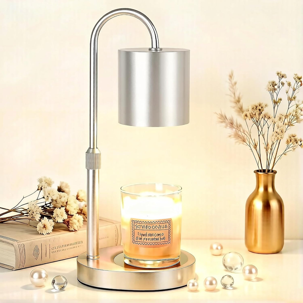 Dreamholder Electric Candle Warmer Lamp with Timer, Dimmable Candle Lamp with Adjustable Height, Wax Melter for Jar Candles Wood Base Floral Home Decor Gifts for Women Mom, Silver Glass