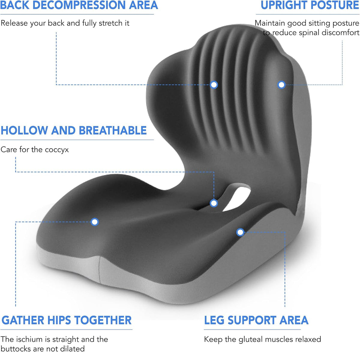 Ergonomic Waist Support and Seat Cushion, L-Shaped Memory Foam Pad (Grey)