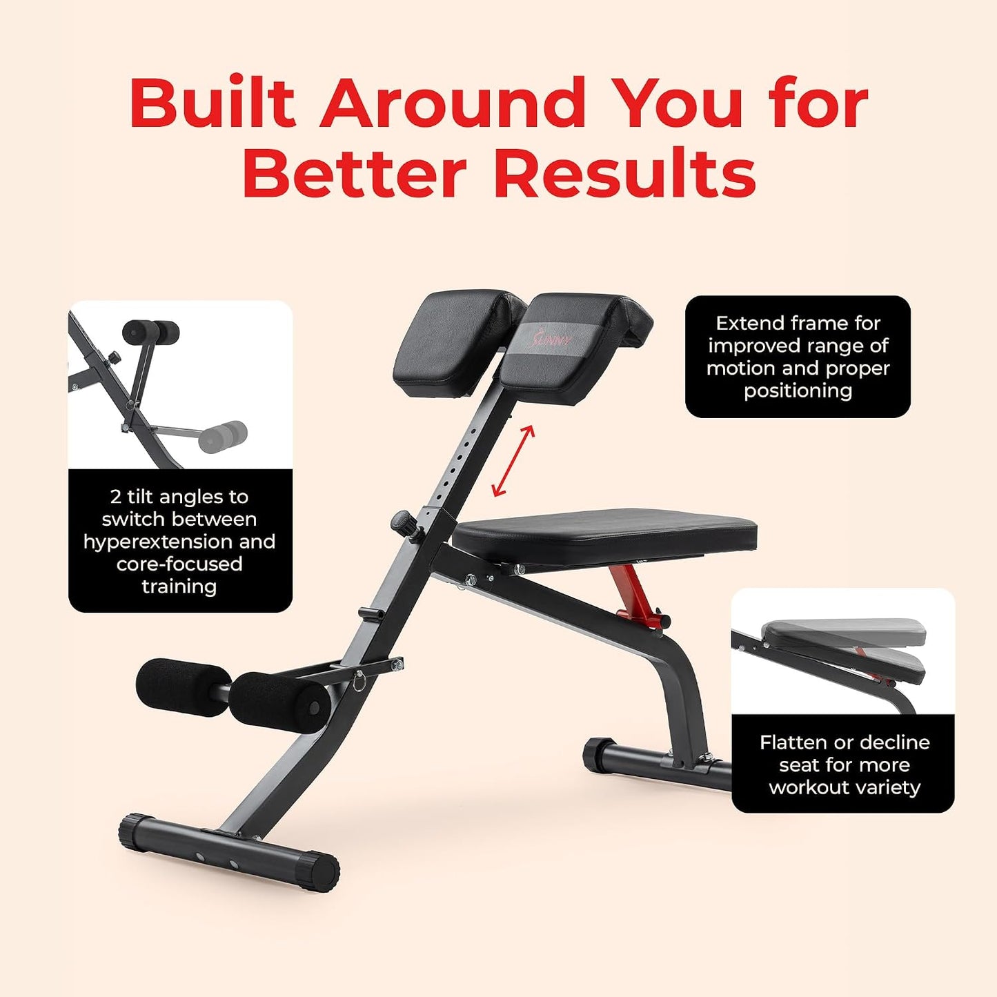 Sunny Health & Fitness Multi-Function Roman Chair | Adjustable Height, Folds Flat for Storage, Built in Dip Station, Targets Back, Abs & Core, Crunches & Back Extensions