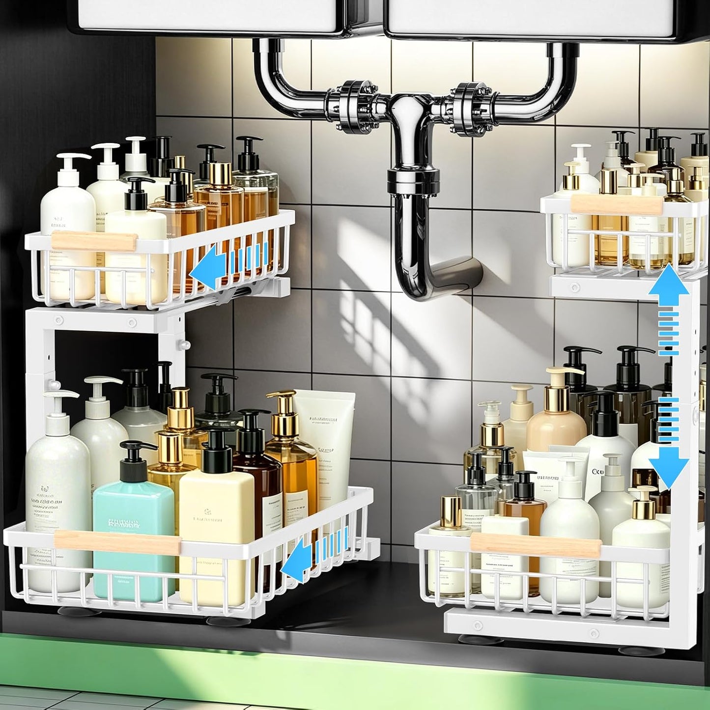 Under Sink Organizer 2 Pack, Double Slide Out Metal Shelf, Black | Pull Out Kitchen Storage Cabinet Organizer, 2-Tier Under Sink Storage Rack for Bathroom Laundry Kitchen Storage with Drawer