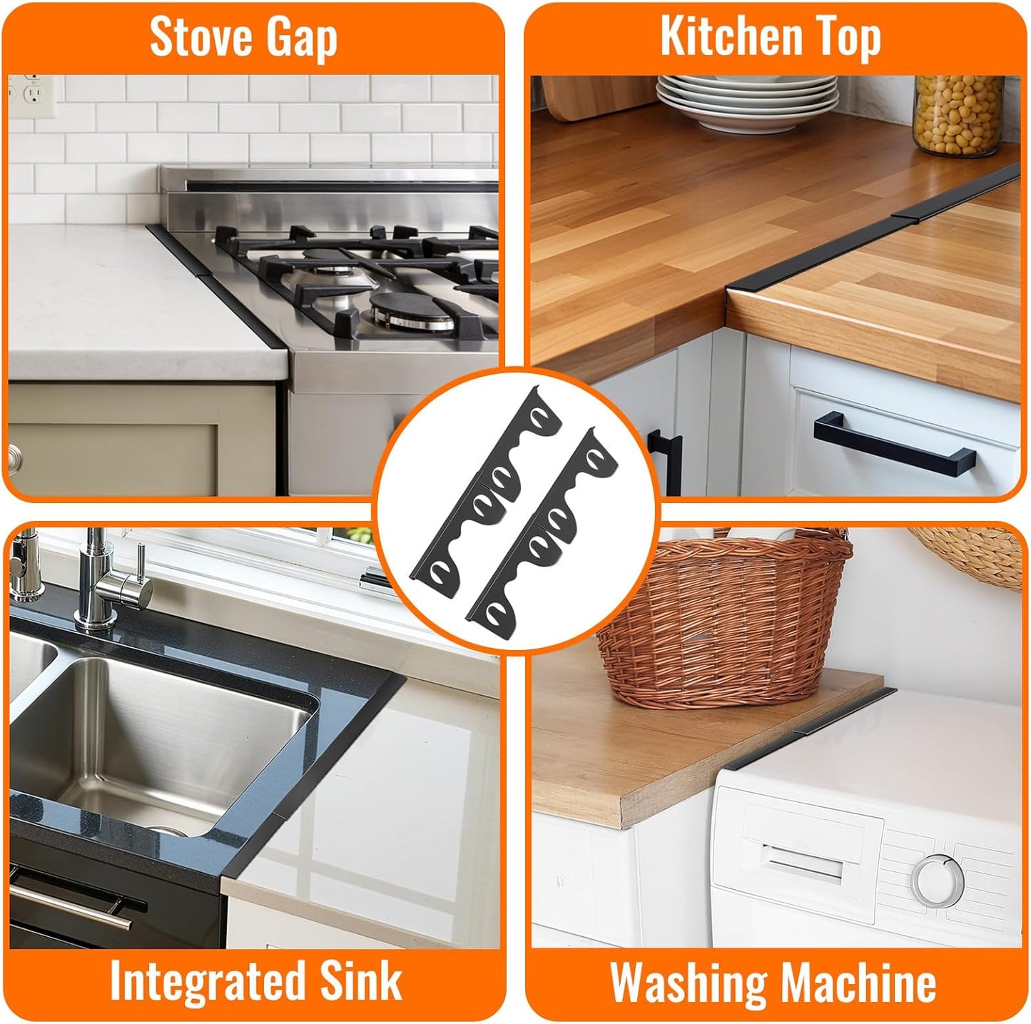 Adjustable Stove Gap Covers 2 Pack, Black 13.8-27.5 Inch | Heat & oil-resistant metal range trim guard. Fits kitchen oven, counter, sink, washer & dryer. Tool-free install