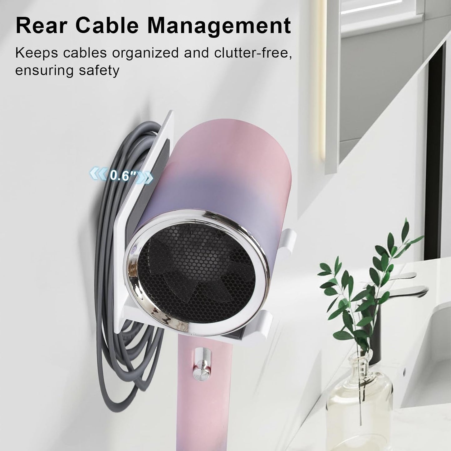 Universal Hair Dryer Holder, White | Wall Mount for Bathroom & Cabinet, Self-Adhesive Option, Blow Dryer Stand & Tool Organizer, Space-Saving Design