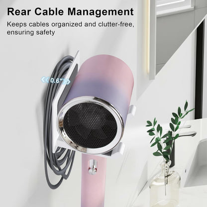 Universal Hair Dryer Holder, White | Wall Mount for Bathroom & Cabinet, Self-Adhesive Option, Blow Dryer Stand & Tool Organizer, Space-Saving Design