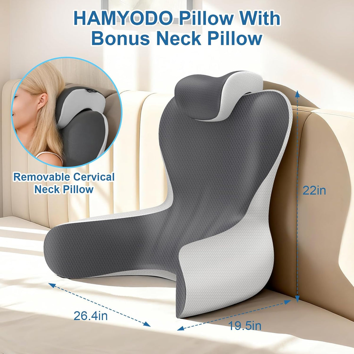 22" XL Reading Pillow Sitting in Bed,Back Support & Armrests(Grey & Blue)